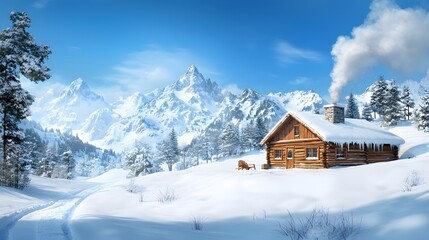 Winter Landscape Featuring a Rustic Cabin in Snowy Mountains High-Resolution Photography Serene Environment Captivating Viewpoint