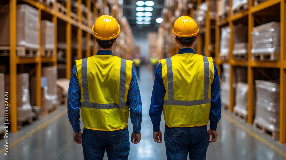 Poster two workers in yellow vests and helmets face a warehouse aisle filled with stacked boxes, emphasizin