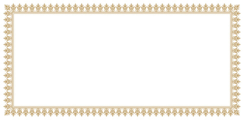 Decorative rectangle frame Elegant element gold colors isolate white backgrounds for design in Eastern style, place for text Golden border Lace illustration for invitations and greeting cards template