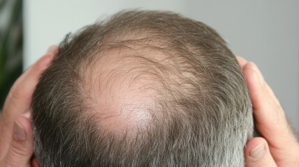 Obraz premium Person examining thinning hair in mirror, reflecting on aging and self-care. Embracing natural changes and prioritizing health and well-being.