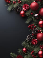 Obraz premium Festive Christmas Background with Red Ornaments and Pine Cones on Dark Surface for Holiday Celebrations