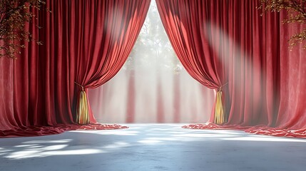 Red velvet curtains parted revealing a misty forest scene.