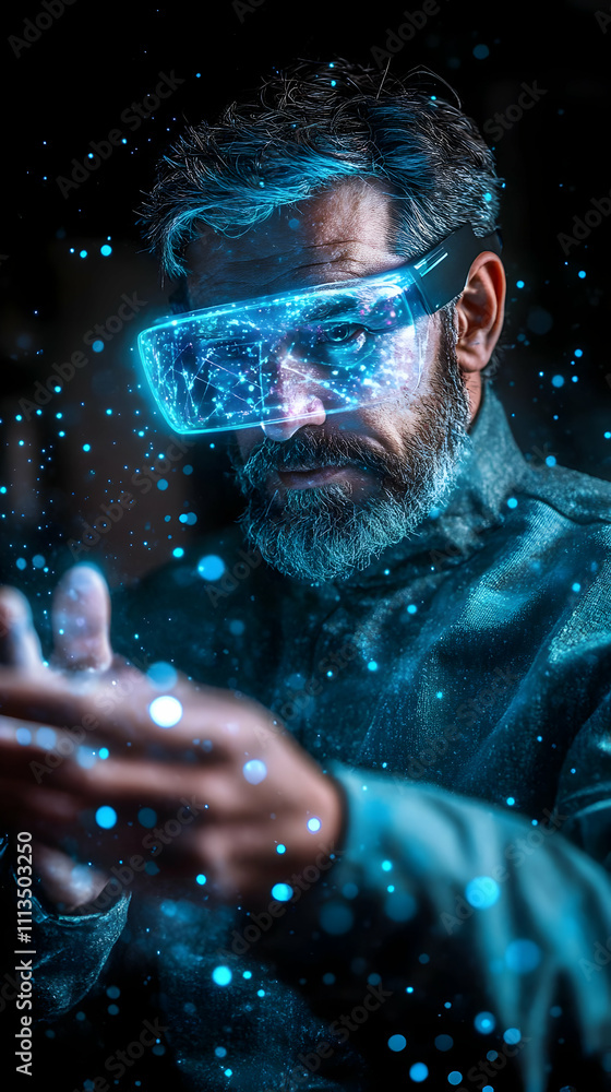Poster A man with augmented reality glasses interacts with digital elements in a futuristic setting.