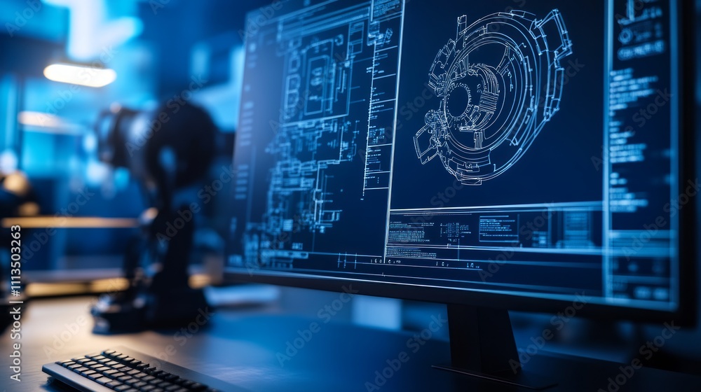 Poster detailed technical blueprint displayed on a computer monitor in a modern, industrial workspace.