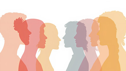 Colorful silhouettes of different people's heads in profile on a white background Simple design flat colors with white space between the figures