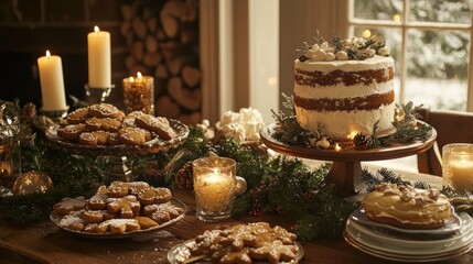Naklejka premium A holiday-themed table with gingerbread cookies, a decorated cake, and candles, creating a warm and inviting atmosphere