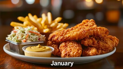 plate of crispy chicken tenders with fries and coleslaw for January promotion