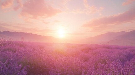 Lavender Field Bathed in Warm Sunset Light with Distant Mountains