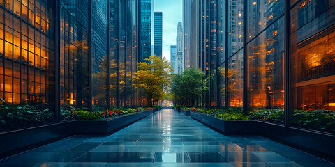 A serene urban pathway lined with glass buildings and greenery, reflecting evening lights.