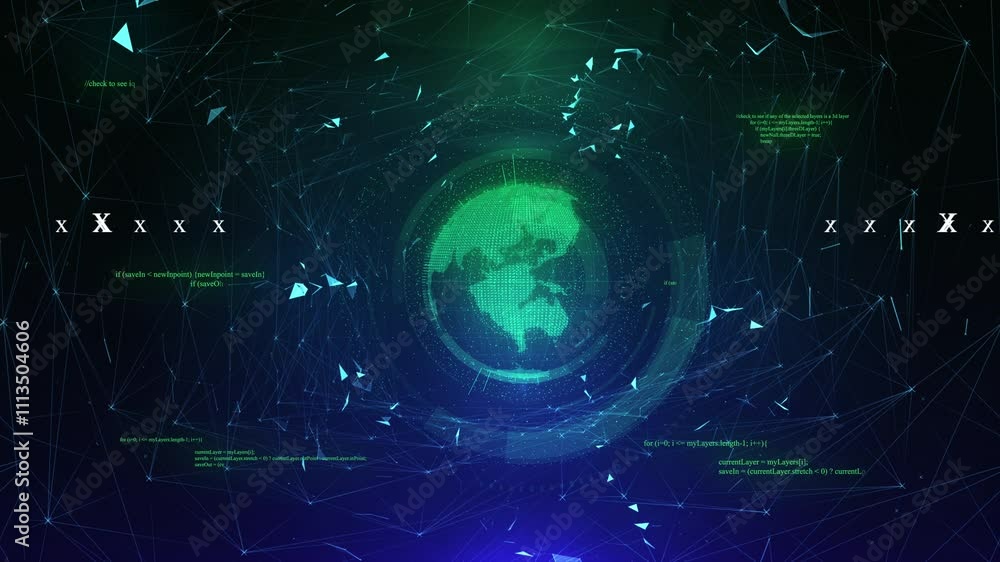 Poster a futuristic technology background featuring a rotating globe with glowing green continents and digi