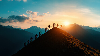 A group of hikers silhouetted against a vibrant sunset, scaling a mountain peak, capturing the spirit of adventure and teamwork.