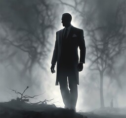 Obraz premium Illustration of man in suit silhouette with dramtaic background.