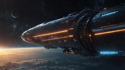 A large, dark spaceship is shown in outer space