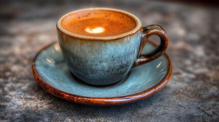 A single cup of coffee with latte art sits on a saucer