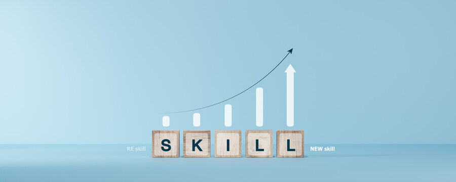 skills icon on wooden cube. Upskilling and personal development concept. Skill training, education, learning, ability. Upskilling, reskilling,