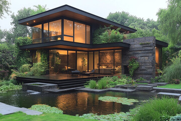 Fototapeta premium Modern House with Pond and Lush Green Landscaping
