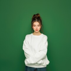 Fototapeta premium A woman in a white sweater is standing in front of a green wall