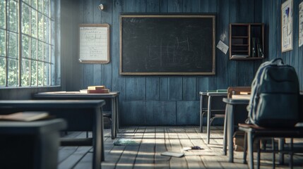 A rustic classroom with wooden desks, a chalkboard, and natural light streaming in.
