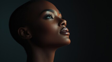 A model in a dark studio, with harsh, angled lighting that casts bold shadows and highlights their features