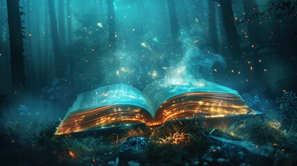 Illustration of magical book with fantastic stories