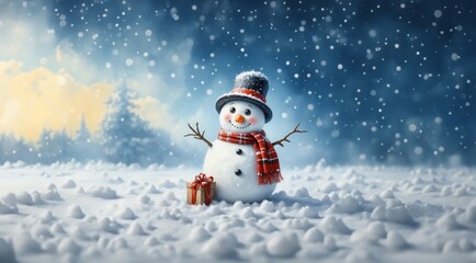 Obraz premium Snowman in a snowy winter day. Merry christmas and happy new year. Snowman on the snowy winter background.