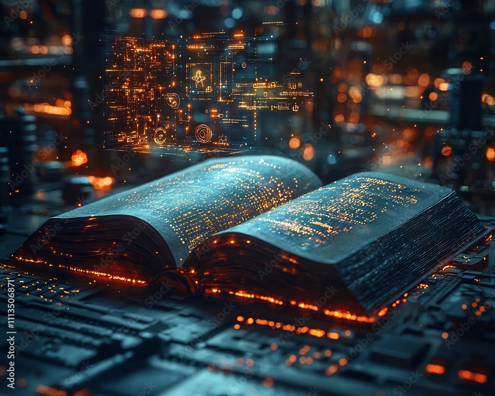 Aufkleber glowing digital book with floating scientific formulas and diagrams in high tech laboratory