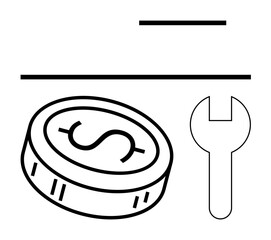 Coin with dollar sign and wrench implying financial maintenance and planning. Ideal for business finance, investment, savings, repair costs, budgeting, financial services, maintenance alerts. Line