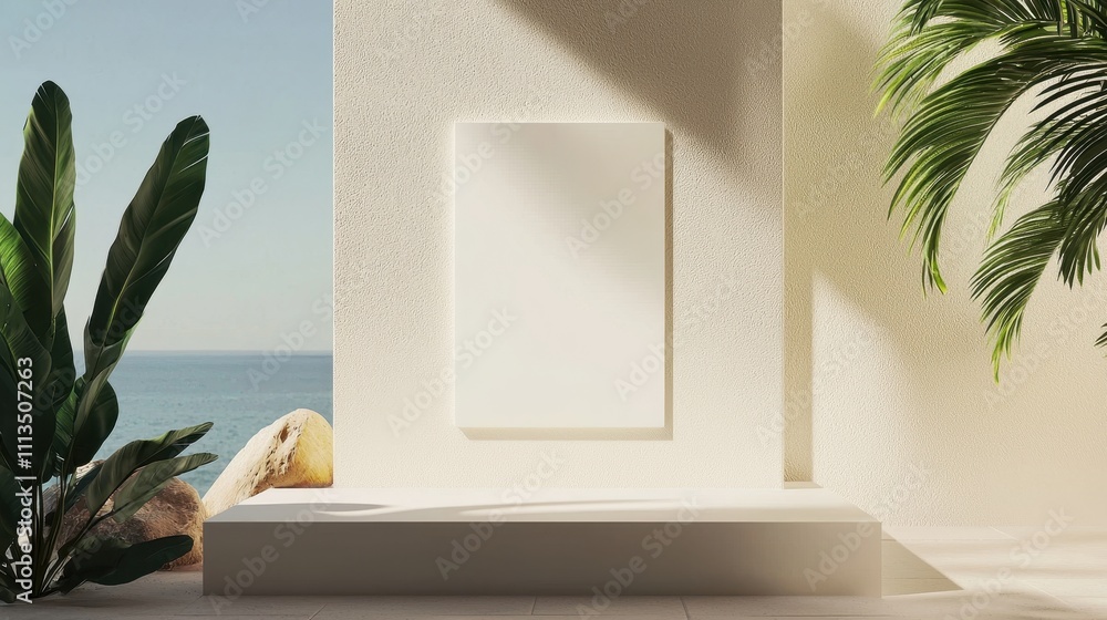 Poster minimalistic showcase mockup with natural elements and beach view for portfolio presentation