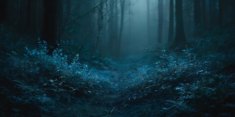 Dark themed blue and black landscape view, spooky and depression theme with cold touch, nature in dark blue depressed psychedelic landscape