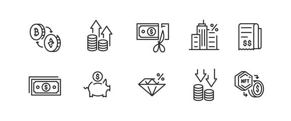 Finance Icons. A collection of 10 streamlined and modern icons representing key concepts in finance and investment. Examples include Profit Growth, Interest Rate, Bank Building. Vector illustration