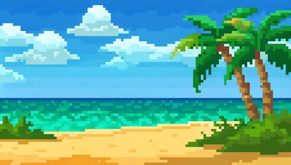 Tropical beach during daytime pixel art background. 8-bit game assets