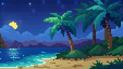 Tropical beach at night pixel art background. 8-bit game assets