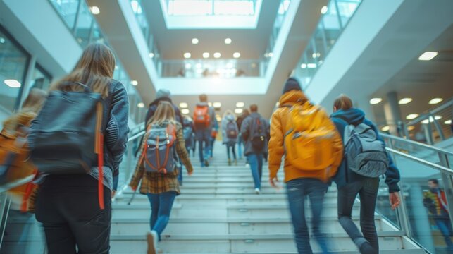 Blurred Shot of High School Students Walking Up Stairs