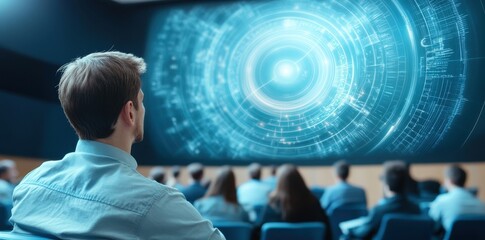 Futuristic classroom where students interact with advanced technology and collaborative learning tools.