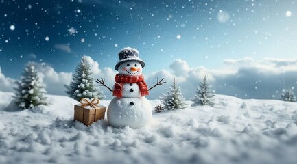 Obraz premium Snowman outdoors on sunny day. Christmas card with Snowman. Merry christmas and happy new year. Snowman on the snowy winter background. Christmas banner. Winter greeting card.