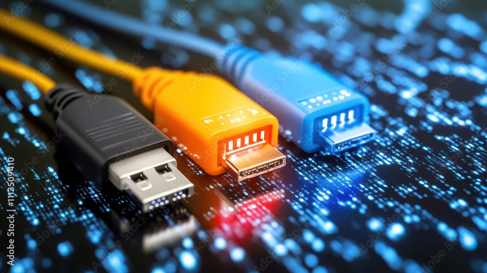 Poster close-up view of colorful usb cables on a dark background with a digital data stream, symbolizing co