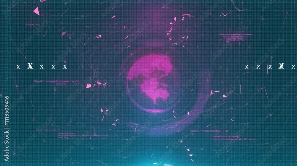 Poster a futuristic technology background featuring a rotating globe with glowing pink continents and digit