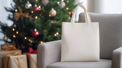 An empty ivory tote bag on a gray chair with a decorated Christmas tree and wrapped gifts in the background..