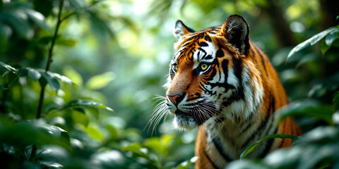 Obraz premium Dangerous tiger animal green leaves, Tiger looking the camera, jungle, orange tiger