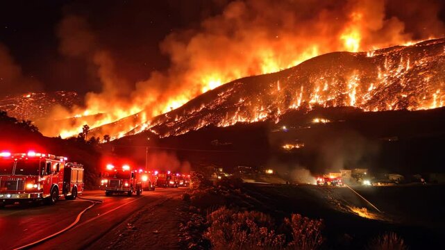 A night view of a wildfire illuminating a mountainside, with flames visible from miles away. Fire crews are seen fighting the blaze with trucks and hoses, attempting to protect nearby towns.