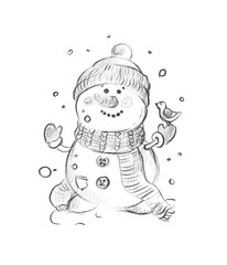 snowman in winter. Pencil drawing Christmas illustration 