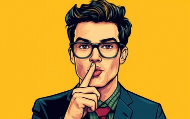 A young man in glasses and a suit, with an open mouth and finger to his lips as if sharing a secret or telling someone to be quiet, designed in vibrant vector graphics and pop art style. 