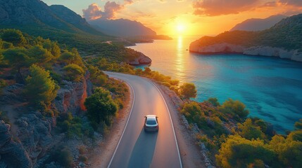 Car Driving Along a Scenic Coastal Road at Sunset for Road Trip Travel and Environmental Promotion with Recommended Driving Routes. Background. Wallpaper.