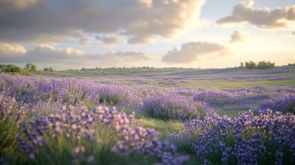 Naklejka premium A Field of Lavender Flowers Under a Cloudy Sky at Sunset