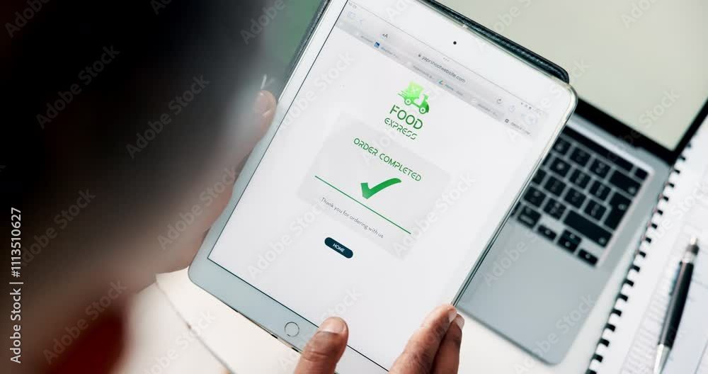Poster hands, tablet screen and mobile app for food delivery, order and ecommerce as customer experience. p