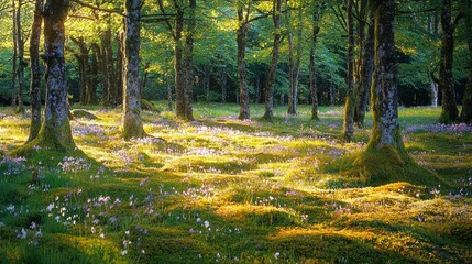 A quiet forest clearing with soft golden light streaming through the canopy, illuminating the delicate wildflowers and moss-covered ground.