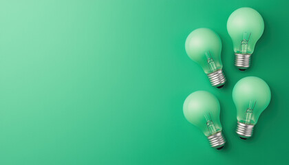 Four green light bulbs arranged on a soft green background, symbolizing innovation, sustainability, and energy efficiency.
