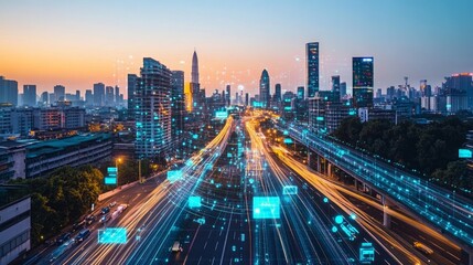 Fototapeta premium Futuristic city skyline at dawn with a network of digital data streams overlayed on a highway. High-speed traffic and modern architecture create a dynamic urban scene.