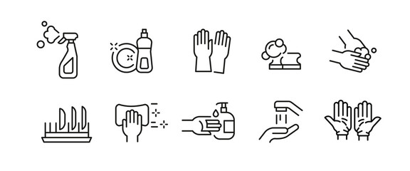 Cleaning dish icons. 10 cleaning trendy minimal icons. Gloves, Spray Bottle, Sponge, clean Dishes icon. Design signs for web page, mobile app, packaging design. Vector illustration