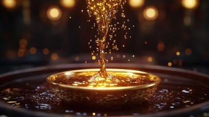 Luxurious molten chocolate flowing smoothly in a golden cascade, embodying richness and indulgence.